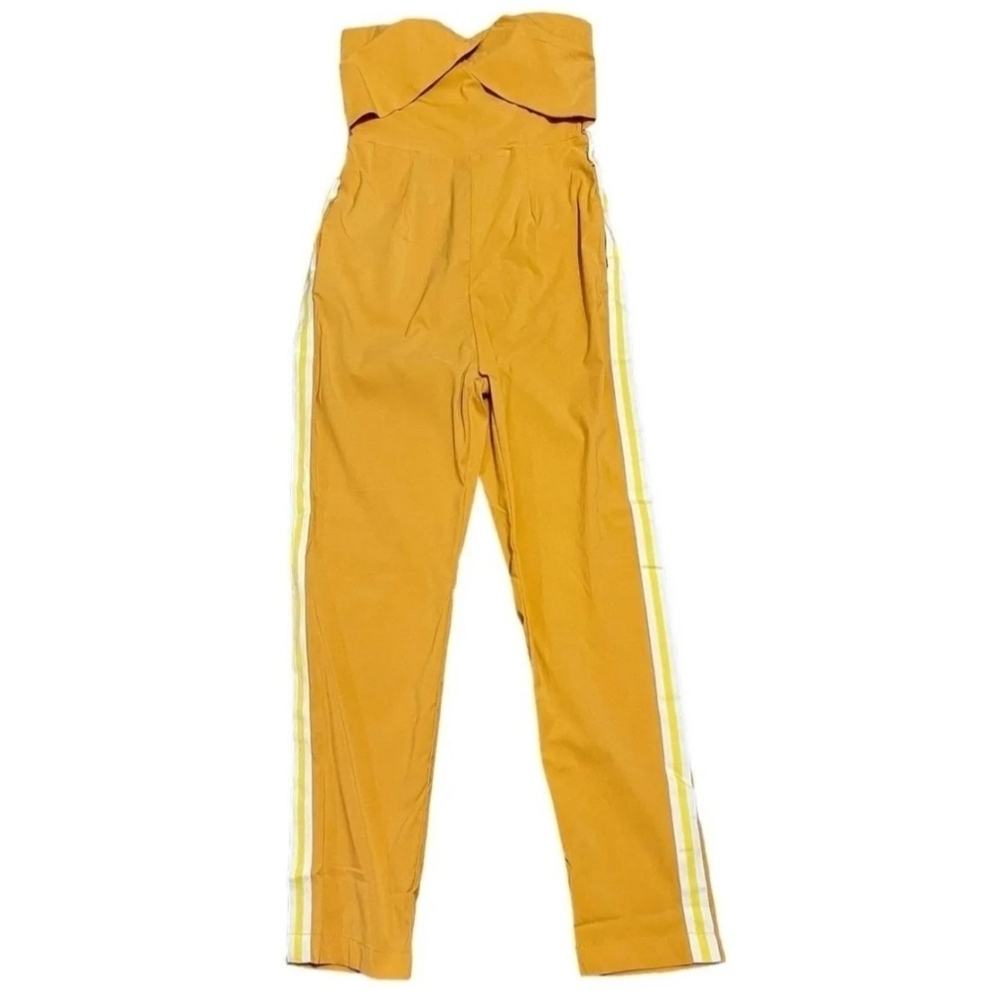 NWT UNIQ Mustard Yellow Strapless Ankle Lenght Jumpsuit Romper w/Side Stripes